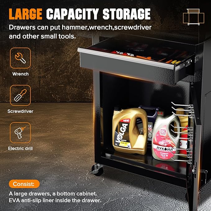 Crownland 5-Drawer Rolling Tool Chest with Wheels, Lockable 2 in 1 Detachable Tool Cabinet wit Drawers and Black Liners, Garage Top Toolbox & Bottom Storage Cart with Side Hooks(Black)