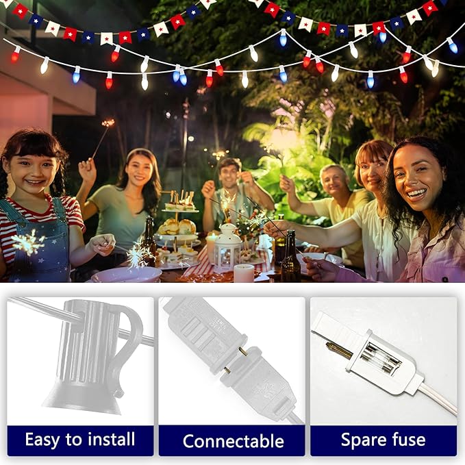 Red White and Blue String Lights,25FT Waterproof LED Fourth of July Lights with 28 C7 LED Bulbs(3 Spare),Patriotic String Lights for Inauguration Decorations Independence Day Party Hoilday Decor