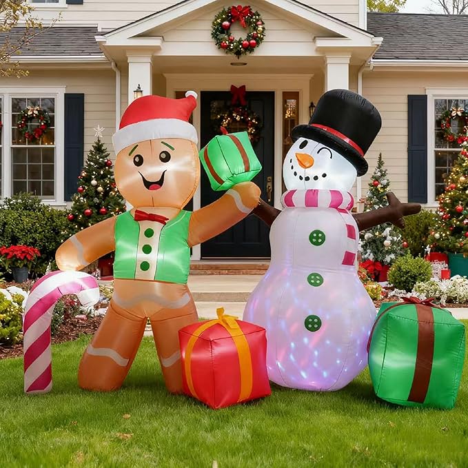 6FT Christmas Inflatable Decoration, Built-in LED Lighting Gingerbread Man Snowman Gift Box, Suitable for Inflatable Decoration in Outdoor Courtyards, Indoor Gardens and Lawns