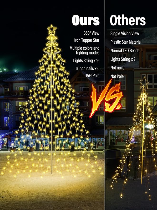 Flacchi 16 FT 664 LED Star String Lights Outdoor - Pole Set with Remote, Multiple Lighting Modes, Timer, and Waterproof Feature for Ultimate Holiday Decor (Warm White & Multicolor)