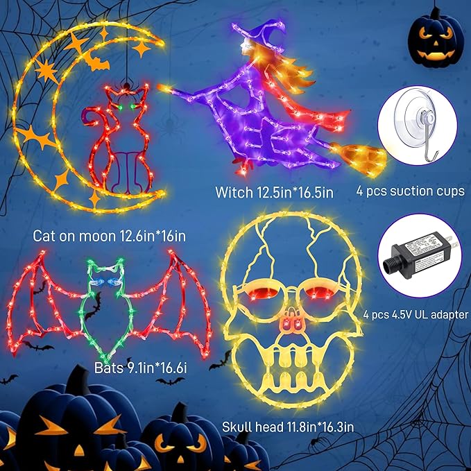Halloween decorations16 Halloween Window Silhouette Lights Decorations - 4 Pack Colour Lighted Witch ＆ Bat ＆ Skull Head ＆ Cat on Moon for Holiday Indoor and Outdoor Wall Door Window Decorate
