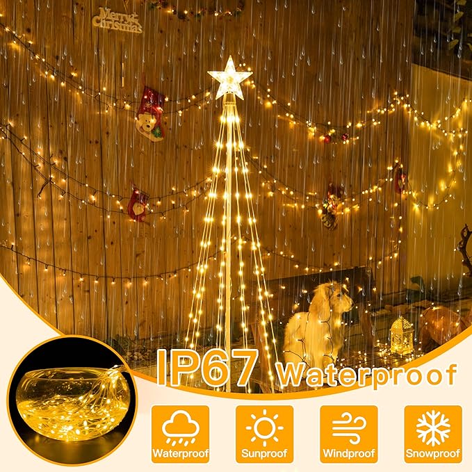 Ollny Christmas Tree Lights, 5FT 140 LED Warm White Outdoor String Lights 8 Modes Timer Function IP65 Waterproof Star Lights for Indoor Outside House Yard Xmas Decorations