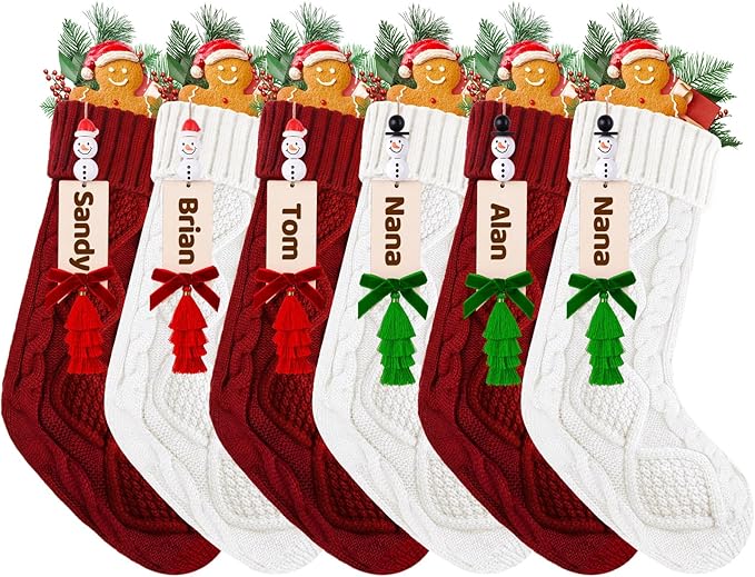 6 Pack Christmas Stockings 18 Inch Cable Knit Stockings with Personalized Snowman Name Tags, Red and White Large Xmas Hanging Stockings with Velvet Bows for Fireplace Mantel Holiday Family Decor