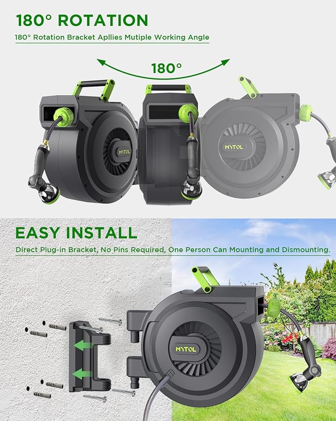 Retractable Garden Hose Reel, 1/2 Inch x 100 ft + 6 ft Wall Mount Hose Reel with Automatic Slow Rewind System, Any Length Lock, 10 Patterns Hose Nozzle, 180¡ÆSwivel Bracket, for Garden Watering
