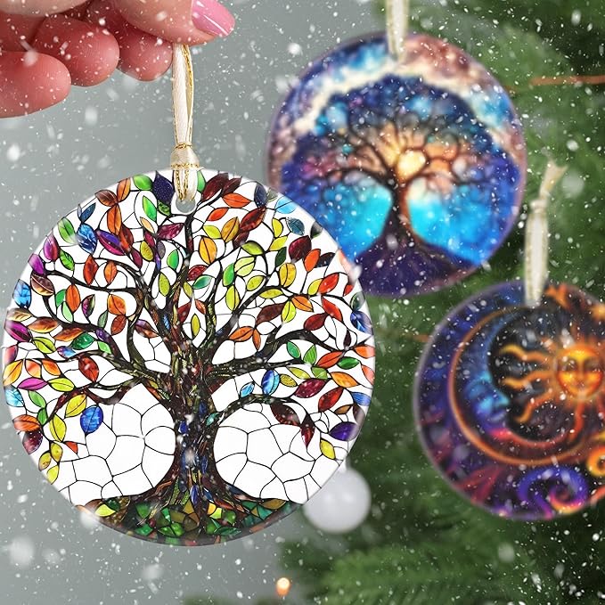Christmas Ornaments, 3.5 Inch Ceramic Tree of Life Hanging Ornament, Christmas Tree Ornaments, Gifts for Mom, Xmas Gifts, Unique Gift Idea, Perfect for Holiday Party, Tree, Window, Wall Decor