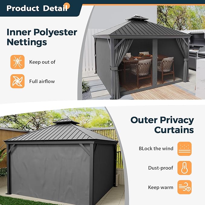 HAPPATIO 12' x 12' Hardtop Aluminum Gazebo with Galvanized Steel, Double Roof Permanent Patio Metal Canopy with Netting and Curtains for Garden, Lawns, Parties (Grey)