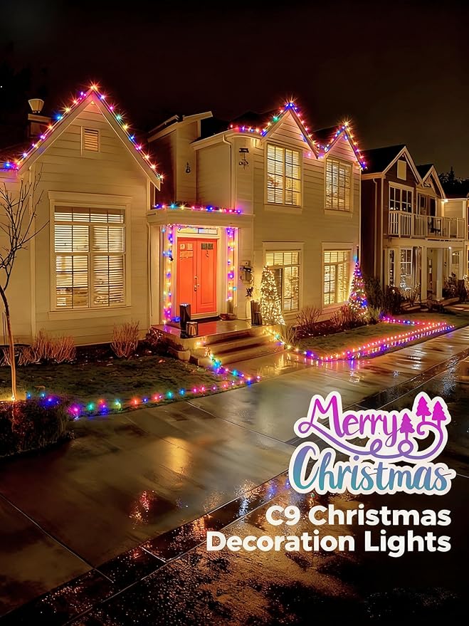 Vintage C9 LED Christmas Lights Outdoor, 50 Feet String Lights with 52pcs Shatterproof C9 Bulbs, Waterproof Connectable Commercial Christmas Tree Lights for Outside Roofline Patio Decor, Multicolor