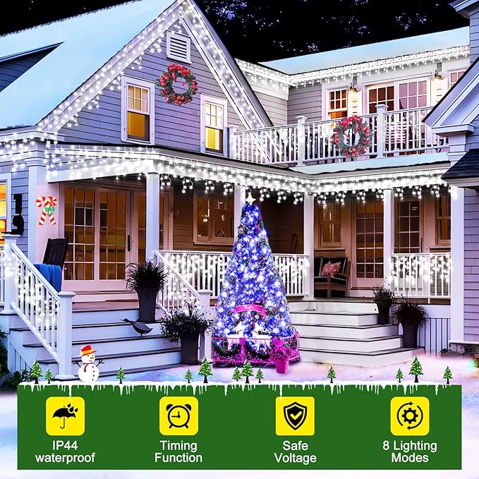 SAUIRS 100FT 960 LED Christmas Lights Outdoor Decorations with 180 Drops Timer 8Mode Curtaing String Lights Waterproof Fairy Lights for Indoor,Xmas,Party,Patio,Window,Fence,Trees Decor(Cold White)