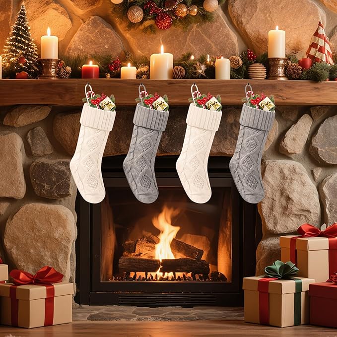 Christmas Stockings 18 Inches,Long Knitted Socks Christmas Decoration Hanging Stocking Fireplace Xmas Tree Stocking for Home Family（2white+2gray）
