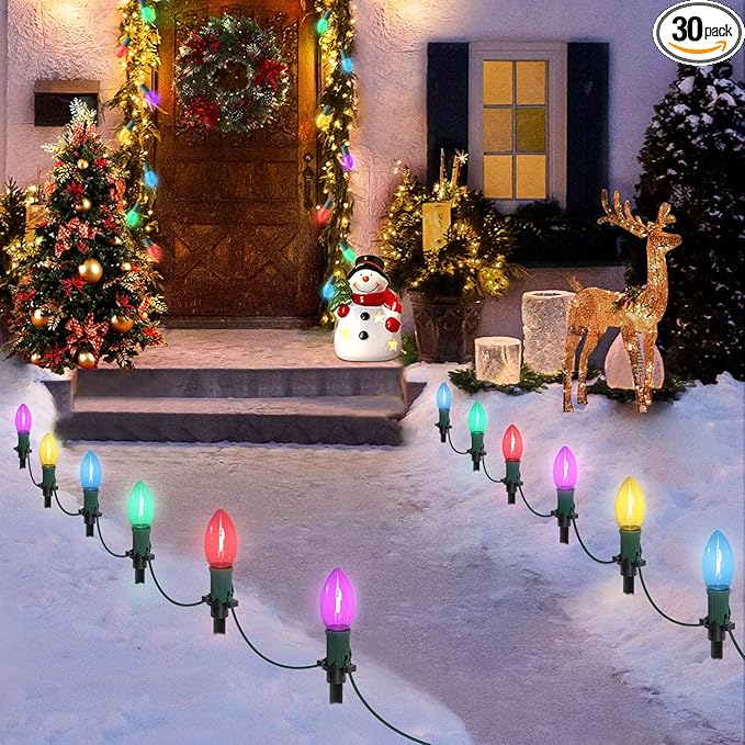 45Ft C9 Led Christmas Pathway Lights Outdoor, 30 Multicolor Bulbs Waterproof Connectable Christmas Walkway Lights with Stakes for Yard Lawn Sidewalk Driveway Decorations
