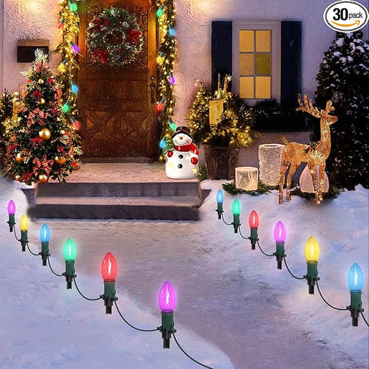 45Ft C9 Led Christmas Pathway Lights Outdoor, 30 Multicolor Bulbs Waterproof Connectable Christmas Walkway Lights with Stakes for Yard Lawn Sidewalk Driveway Decorations