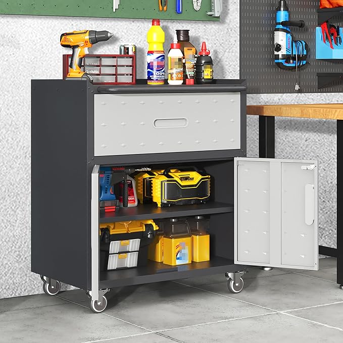 Garage Cabinets,Metal Garage Storage Cabinet with Wheels,Lockable Rolling Tool Cabinet with Drawer and Adjustable Shelves,Heavy Duty Tools Cabinet for Home Office Utility Room,Black/Grey