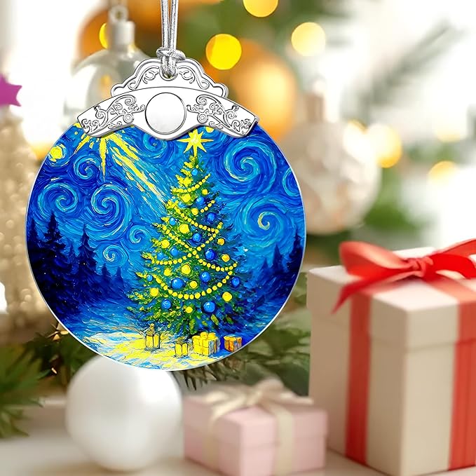 Starry Night Stained Glass Ornament, Christmas Ornaments – Christmas Tree Ornament, Holiday Decor, Xmas Stocking Stuffers, Gift Idea, Gifts for Art Lover, Coworker, Friend, and Family - Xmas Tree