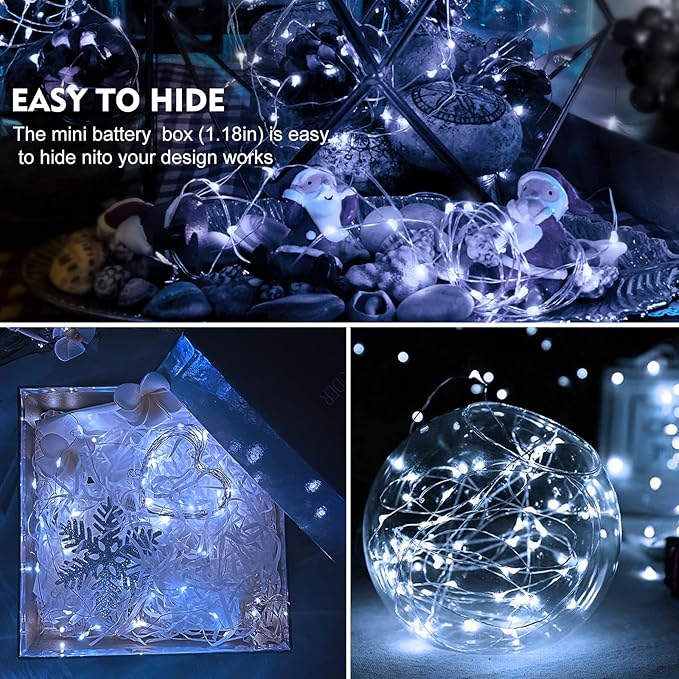 AIKEI 12 Pack Led Fairy Lights Battery Operated String Lights Waterproof Silver Wire 7 Feet 20 Led Firefly Starry Moon Lights for DIY Wedding Party Bedroom Patio Christmas (12 Pack, White)