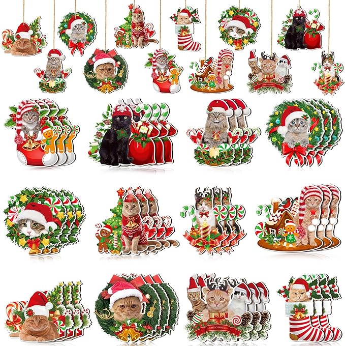 Qunclay 36 Pcs Cat Christmas Tree Ornaments Wooden Cat Christmas Tree Decorations Rustic Xmas Kitty Hanging Ornament Decorative Kitty Wood Pendants for Home Fireplace Holiday Xmas Party Decor