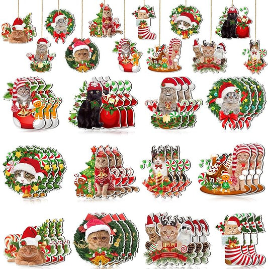 Qunclay 36 Pcs Cat Christmas Tree Ornaments Wooden Cat Christmas Tree Decorations Rustic Xmas Kitty Hanging Ornament Decorative Kitty Wood Pendants for Home Fireplace Holiday Xmas Party Decor