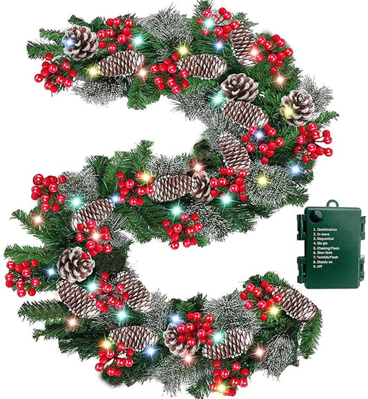 Timer 8 Modes - 9Ft by 10 Inch Prelit Christmas Garland with 50 Colorful Lights, Thick 270 Snowy Tips 70 Red Berry 10 Pinecone Battery Operated Real Touch Cedar Garland Xmas Door Mantle Indoor Outdoor