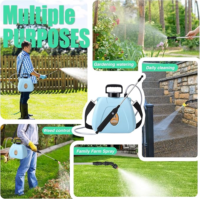 Battery Powered Sprayer 2 Gallon, Electric Garden Sprayer with 3 Copper Nozzles, 4 Spray Modes, Type-C Rechargeable, 30-60cm Retractable Wand, Shoulder Strap for Lawn & Garden