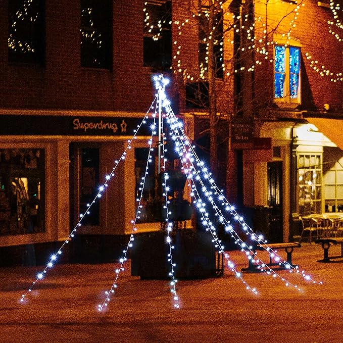 Yescom Cold White 12FT LED Waterfall Cone Tree Light with Star Finial 9 Strings 362 LED Star Lights Christmas Decoration Party Yard Outdoor