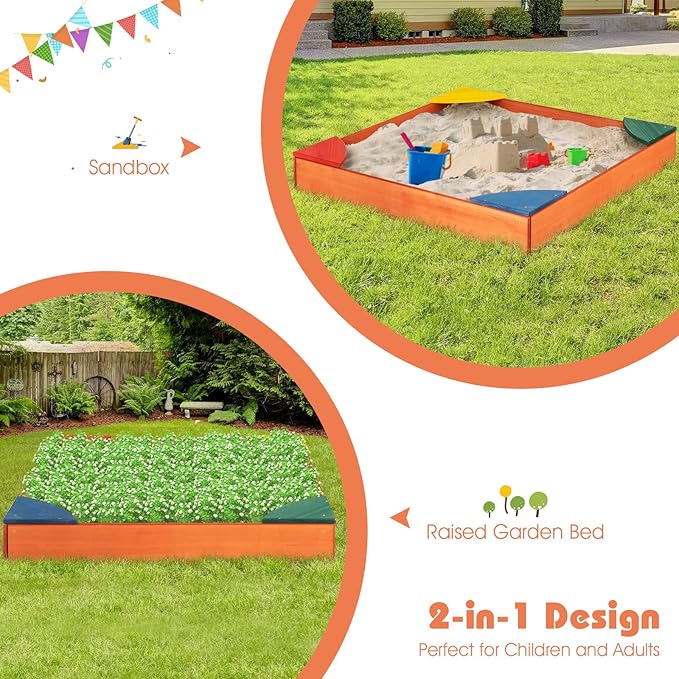 Costzon Kids Wooden Sandbox, Wood Cedar Square Sand Box with 4 Colorful Built-in Corner Seating, Bottomless Structure, Children Outdoor Beach Backyard Play Furniture for Ages 3-8