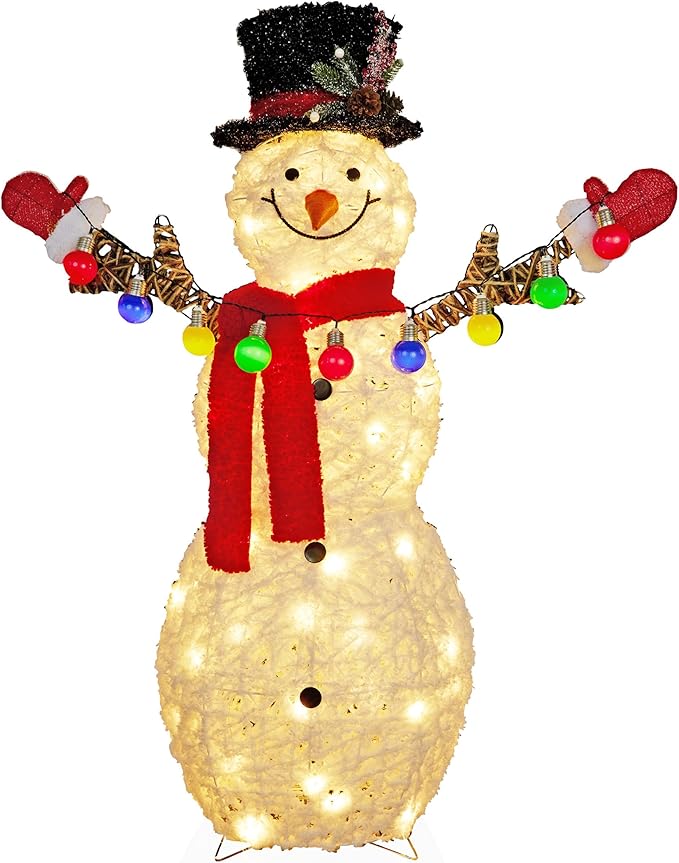 Alpine Corporation CHT972, White Mesh Fabric 3D Snowman Holding Christmas Lights with 60 Warm White LED Lights - Large 4 Feet Tall Indoor/Outdoor Holiday Décor, Christmas Decoration