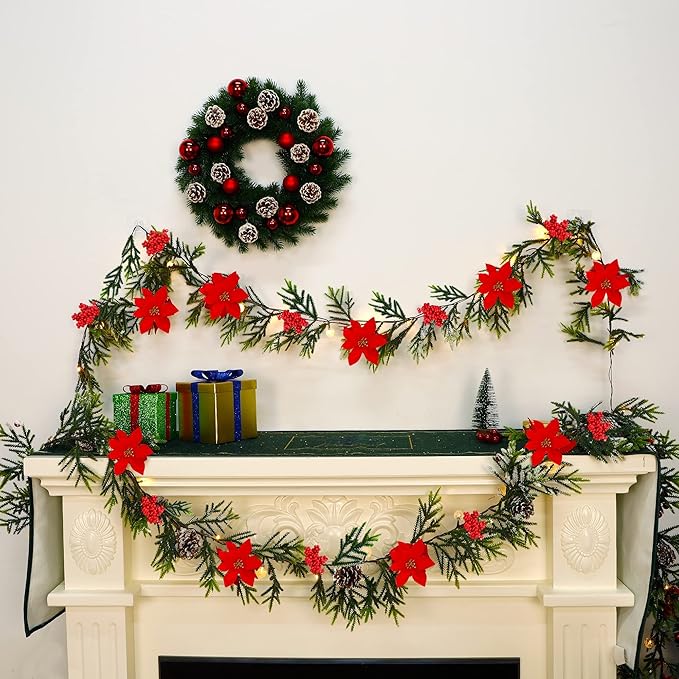 Juegoal Christmas Garland, 9 FT Pre-lit Artificial Xmas Flocked Garlands, Lighted Poinsettia Spruce Garland, Timer & Battery Operated with Lights, for Garden Home Winter New Year Decorations