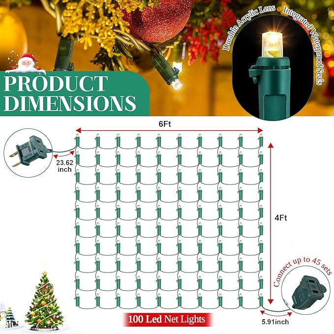 100 LED Christmas Net Lights Outdoor, Waterproof 4 x 6 Ft Outdoor Christmas Lights for Xmas Trees Decorations, Bushes,Shrubs, Connectable 5mm Net Lighting Warm White, Green Wire UL Listed, 1 Pack