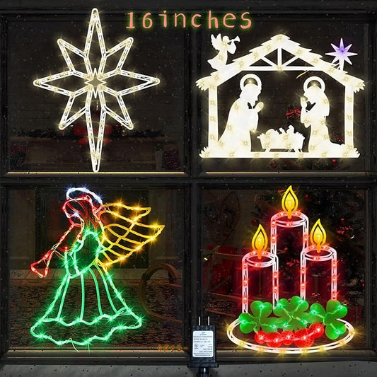 Christmas Decorations -16" Christmas Window Silhouette Lights - 4 Pack Colour Lighted Angel & Nativity & Bethlehem Star & Candle for Holiday Indoor and Outdoor Wall Door Window Decorate