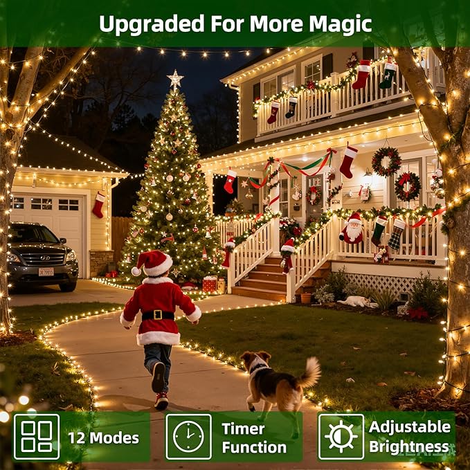 300LED Christmas Lights Outdoor Indoor Use, 12 Lighting Modes 75ft Christmas Tree Lights with Timer, Dimmable Warm White LED StringLights Waterproof for Yard Tree Wedding Party Holiday Warm White