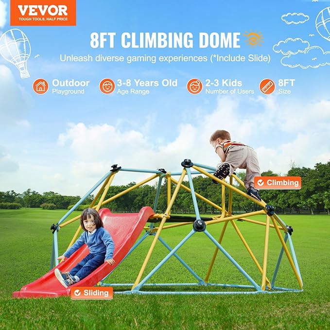 VEVOR Climbing Dome, 8FT Jungle Gym with Slide, Geometric Dome Climber Supports 600LBS and Easy Assembly for Kids 3 to 9 Years Old, with Climbing Grip, Outdoor and Indoor Play Equipment for Kids