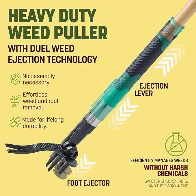 Papa's Tools Weed Puller Tool, 44 Stand Up Weeder Garden Tools & 4 Claw Steel Head, Dual Weed Eject Tech. Made with Real Bamboo & Long Wooden Handle, Yard Weeding Remover for Gardening Men & Women