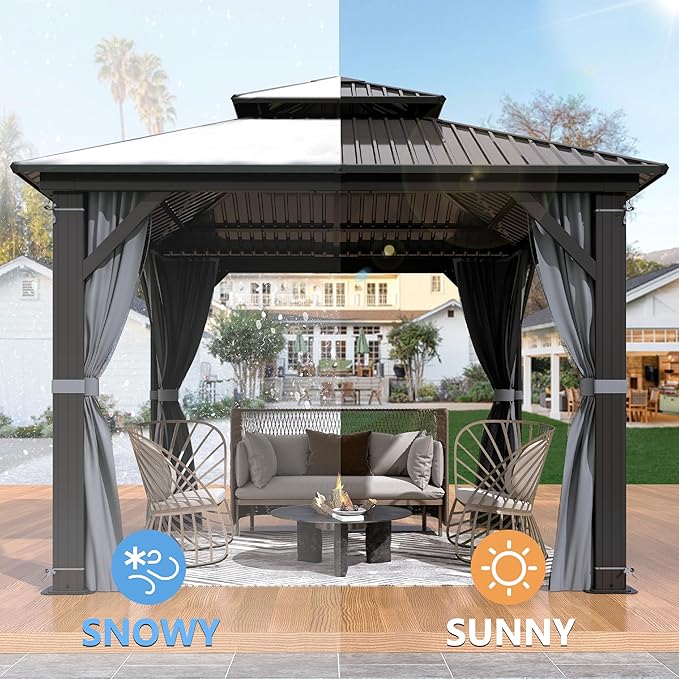 10'x10' Hardtop Gazebo, Outdoor Double Roof Galvanized Steel Gazebos, Aluminum Frame Permanent Pavilion with Curtains & Netting for Backyard, Patio, Deck