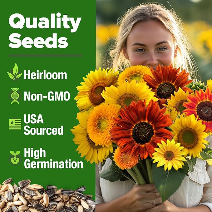 HOME GROWN Sunflower Seeds Mix Pack 1,500+ 9 Colorful Varieties of Sun Flower Seeds to Plant - 2-10ft Tall Plants, Pollinator Friendly 𝗡𝗢𝗡-𝗚𝗠𝗢 𝗨𝗦𝗔 – Easy to Grow, High Germination
