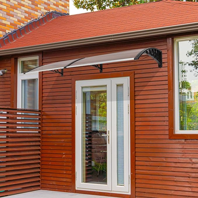Window Awning Door Canopy Exterior- 38" x 80" Aluminum Door Awning, Polycarbonate Cover Patio Canopy Awning for House, Outside, Rain Snow & UV Resistant (Brown Board & Black Bracket)