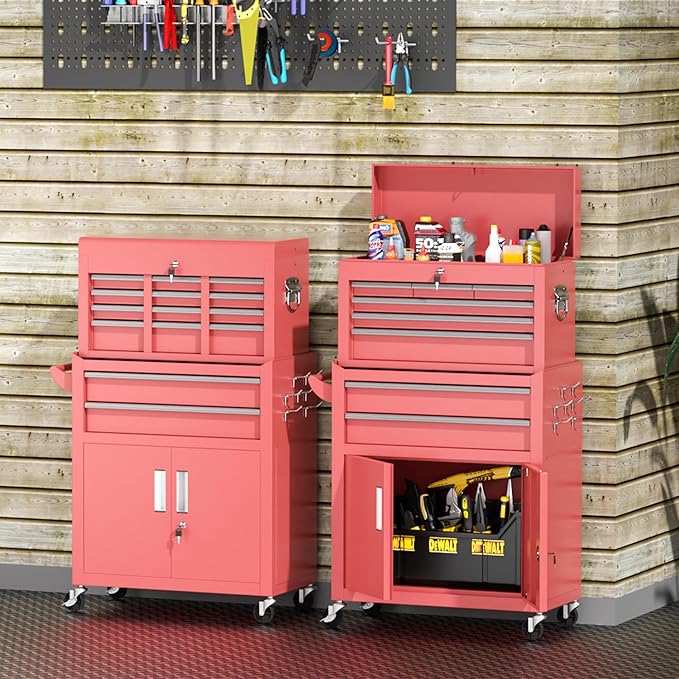 INTERGREAT Tool Chest, Assembled Tool Cabinet with 8 Drawers, Detachable Organized Tool Chests, Lockable Tool Cabinet for Workshop, Warehouse, Mechanics Garage (Pink)
