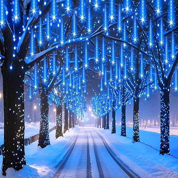 Outdoor Christmas Lights Meteor Shower Light UL Certified 8 Tubes 192 LED Snow Falling Rain Drop Light Dripping Icicle String Lights for Christmas Tree Decorations Xmas Wedding Party, Blue