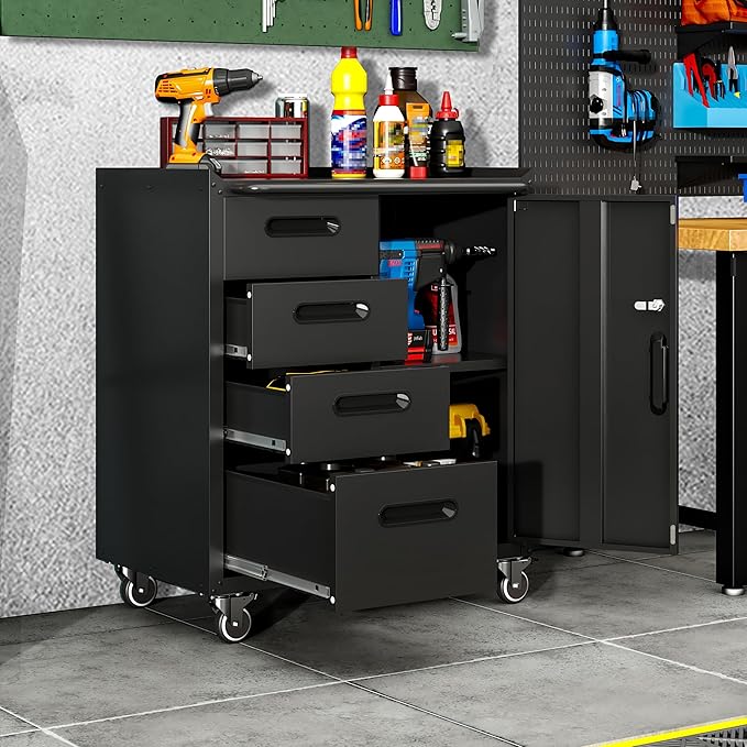 Garage Cabinets,Metal Garage Storage Cabinet with Wheels,Black Lockable Rolling Tool Cabinet with Drawer and Adjustable Shelves,Heavy Duty Tool Chest for Home Office Utility Room