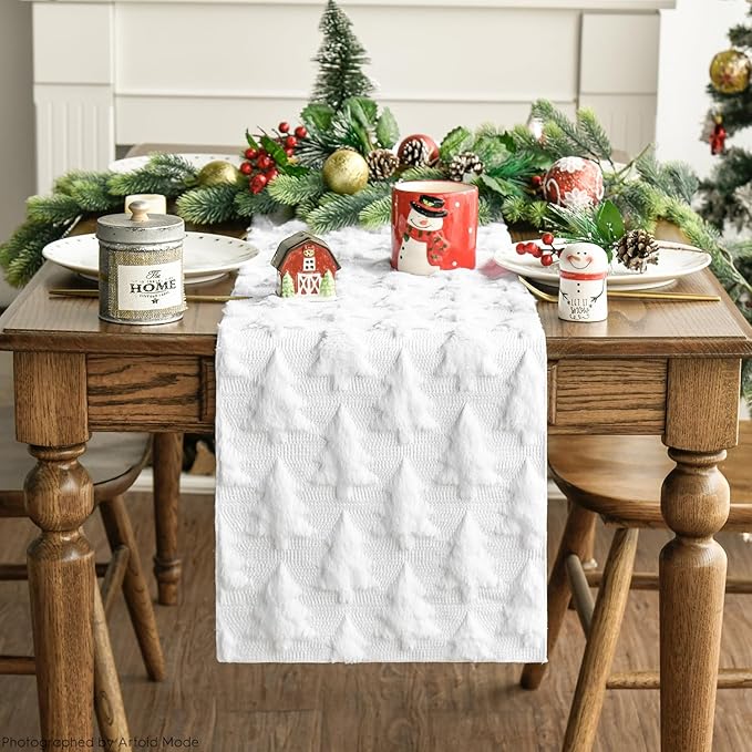 Artoid Mode Christmas Trees Soft Plush Faux Fur Jacquard Christmas Table Runner, Holiday Kitchen Dining Table Decoration for Home Party Decor 13x36 Inch