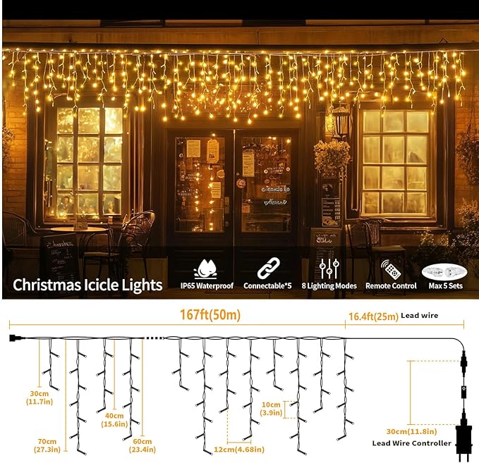 Icicle Lights for Outside, 167ft 1760 LED Icicle Christmas Lights Outdoor Waterproof, 352 Drops with Remote, 8 Modes & Dimmable, Timer for Christmas, Wedding, House, Roof Decoration, Warm White