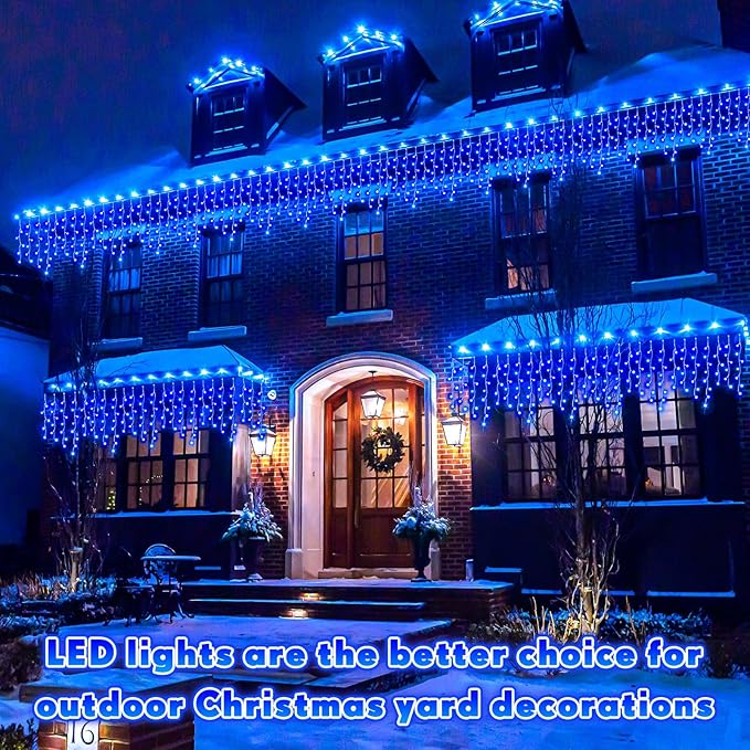 118 ft 1248 LED Christmas Outdoor Icicle Lights LED Fairy String Hanging Lights Waterproof with 8 Modes Timer for Christmas Decorations Wedding Holiday Party Roof Yard, Blue