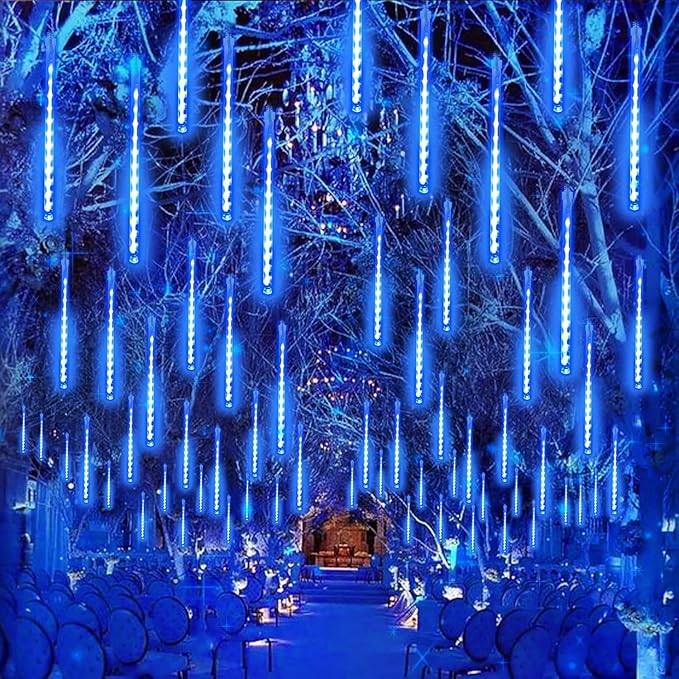 Solar Meteor Shower Lights Outdoor Waterproof, Christmas Lights Solar Powered Decorations, 16 Tubes 384LED Icicle String Light, Falling Raindrop Light for Christmas Xmas Tree Party Garden Decor(Blue)