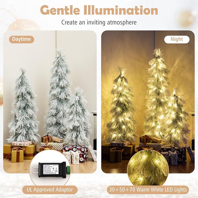 GOFLAME Set of 3 Pre-lit Christmas Tree, Snow Flocked Artificial Xmas Trees 3Ft, 4Ft and 5Ft with Warm White LED Lights, Pine Needles and Metal Base, Holiday Decoration Tree for Home Office Party