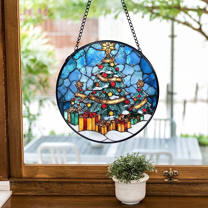 TNUW Christmas Tree Stained Glass Window Hanging, Winter Tree Xmas Sun Catchers Indoor Window Glass Round Wall Art Decor, Winter Christmas Wall Hanging Decorations, 7.9＂x7.9＂