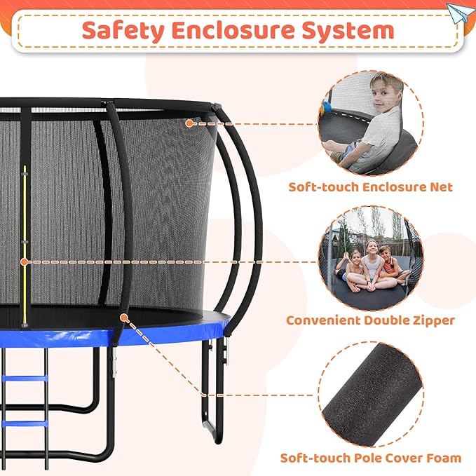 8FT 10FT 12FT 14FT 16FT Trampoline Outdoor, Trampolines for Kids & Adults, Pumpkin Trampolines with Safety Net, Ladder, Coating Metal Frame, ASTM Approved Large Backyard Trampoline for Kids