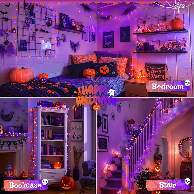 JMEXSUSS 2 Pack Orange and Purple Halloween Lights Battery Operated, Total 200 LED 66ft Halloween Fairy Lights with Remote, 8 Modes Twinkle String Lights for Fireplace Porch Tree Centerpiece Wreath