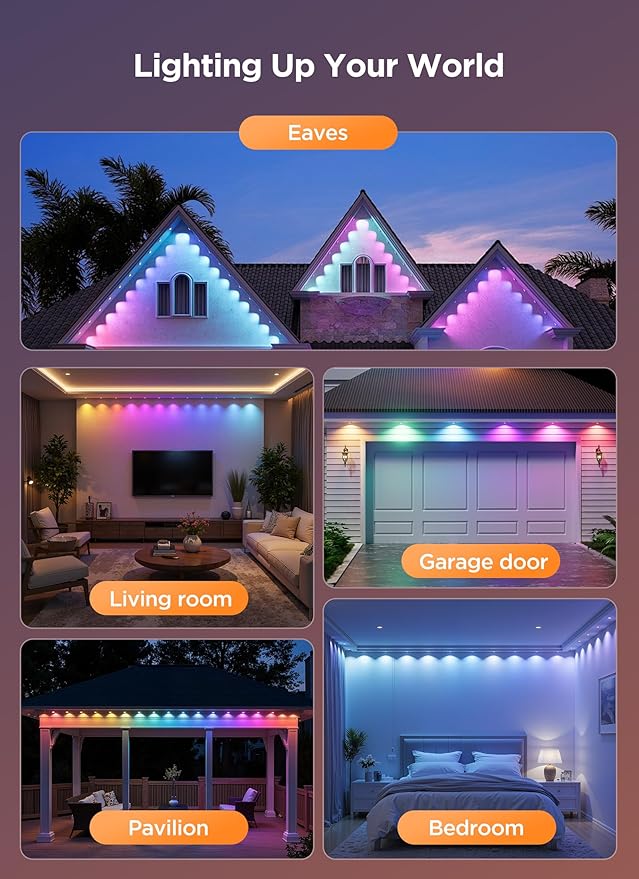 Permanent Outdoor Lights, 200FT with 128 Smart RGBIC LED Lights, DIY Scene Mode, IP68 Waterproof Christmas Light for Daily and Accent Lighting, Outdoor Decor, House Roof, Holiday Decorations