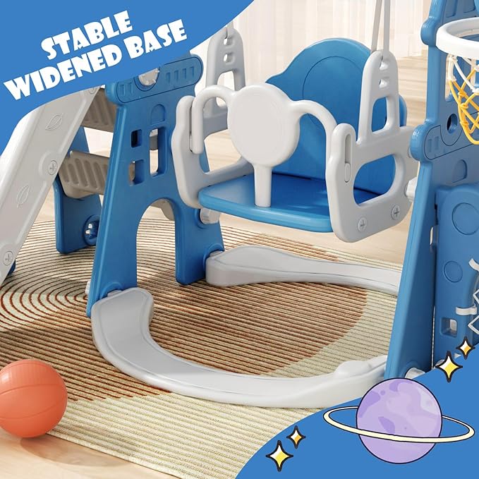 KORIMEFA 5-in-1 Kids Slide and Swing Set, Toddler Slide with Basketball Hoop, Swing, Outdoor Indoor Playground for Toddlers 1-3 (5 in 1- Blue)