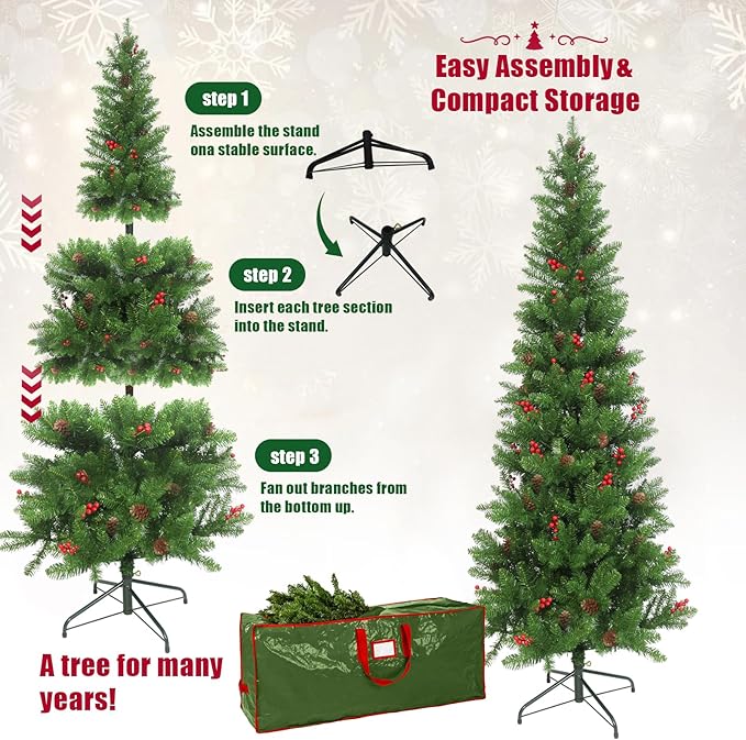 6FT Artificial Slim Christmas Tree, Pencil Christmas Tree UV Resistant Outdoor & Indoor Xmas Decor with Red Berries & Pine Cones for Holiday Décor