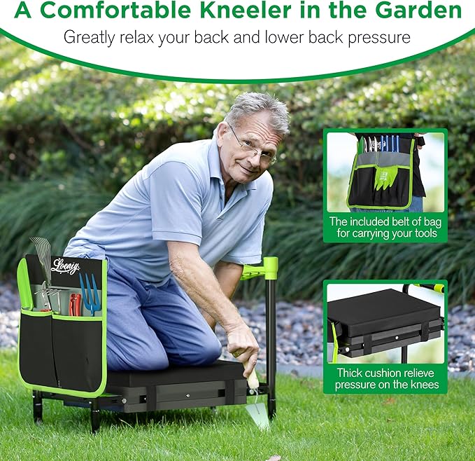 10.8¡± Wide Garden Kneeler and Seat, Heavy Duty Foldable Gardening Stool with Tool Belt Pouch, Included Thickened Kneeling Pad, Portable Gardening Bench Chair for Seniors & Parents