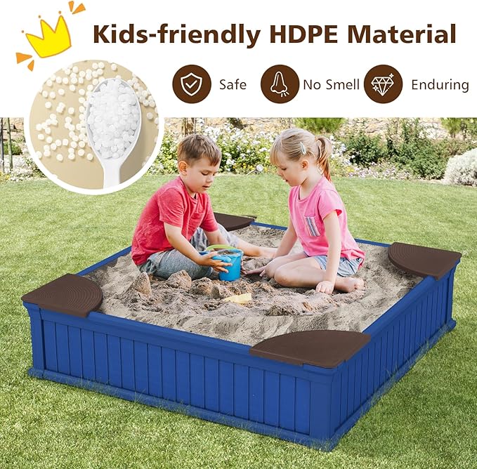 Costzon Kids Sandbox with Cover, 4ft x 4ft HDPE Sandpit with Oxford Cover, Bottom Liner, 4 Corner Seats, Weather Resistant Outdoor Sand Pit for Backyard Lawn Garden Beach (Navy)
